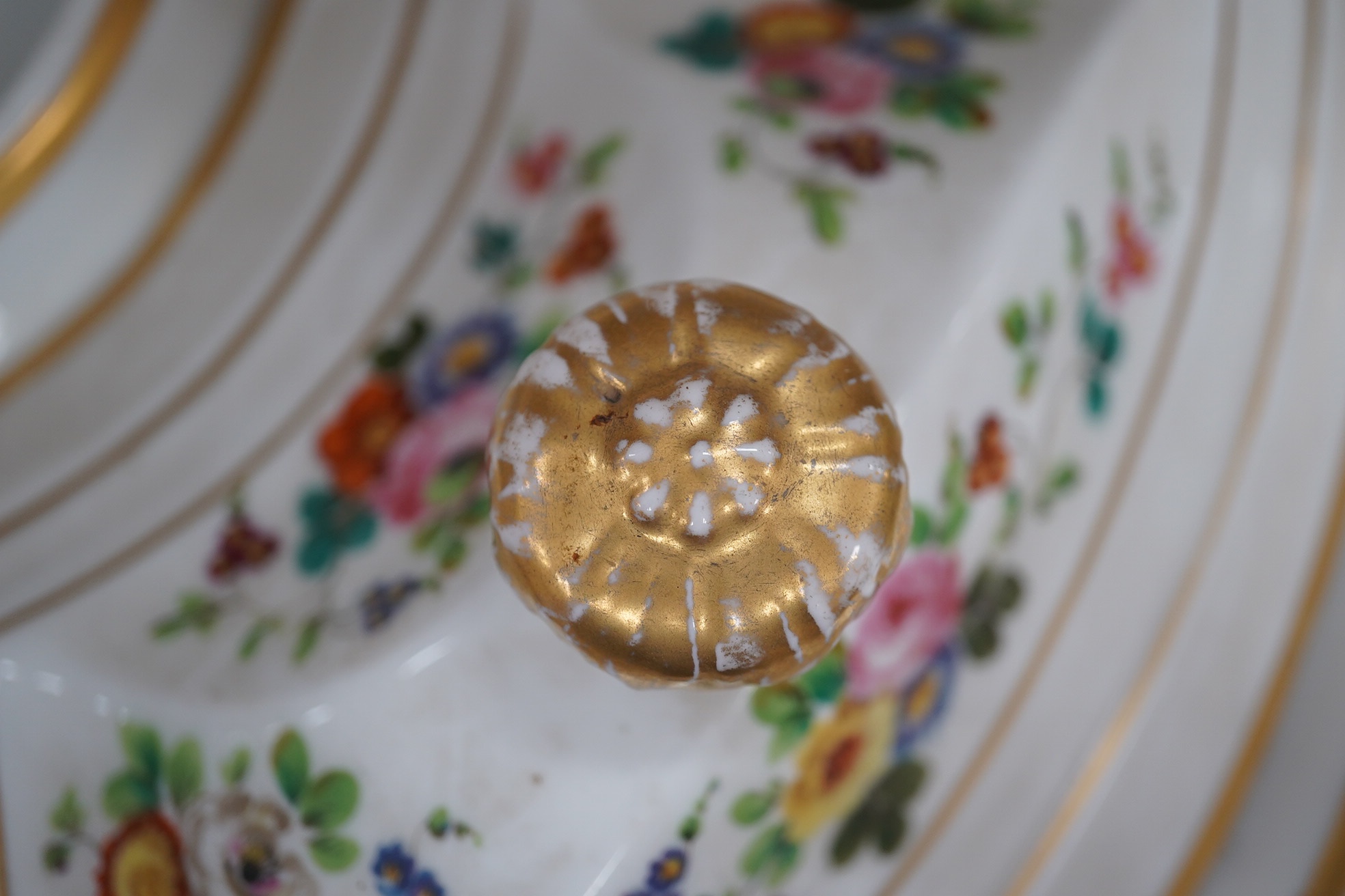 A Pan's porcelain set of four supper dishes and covers, early 19th century, each 37cm wide. Condition - fair, one cover broken, one knop repaired